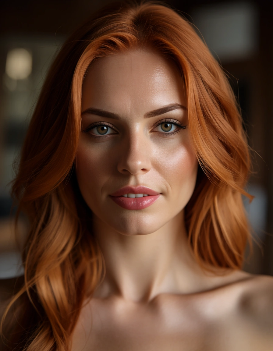 image hyperrealistic (age > 18) redhead nude happy seductive_smile, score_9, score_8, candid photo, realistic skin texture, visible skin pores, film grain, depth of field