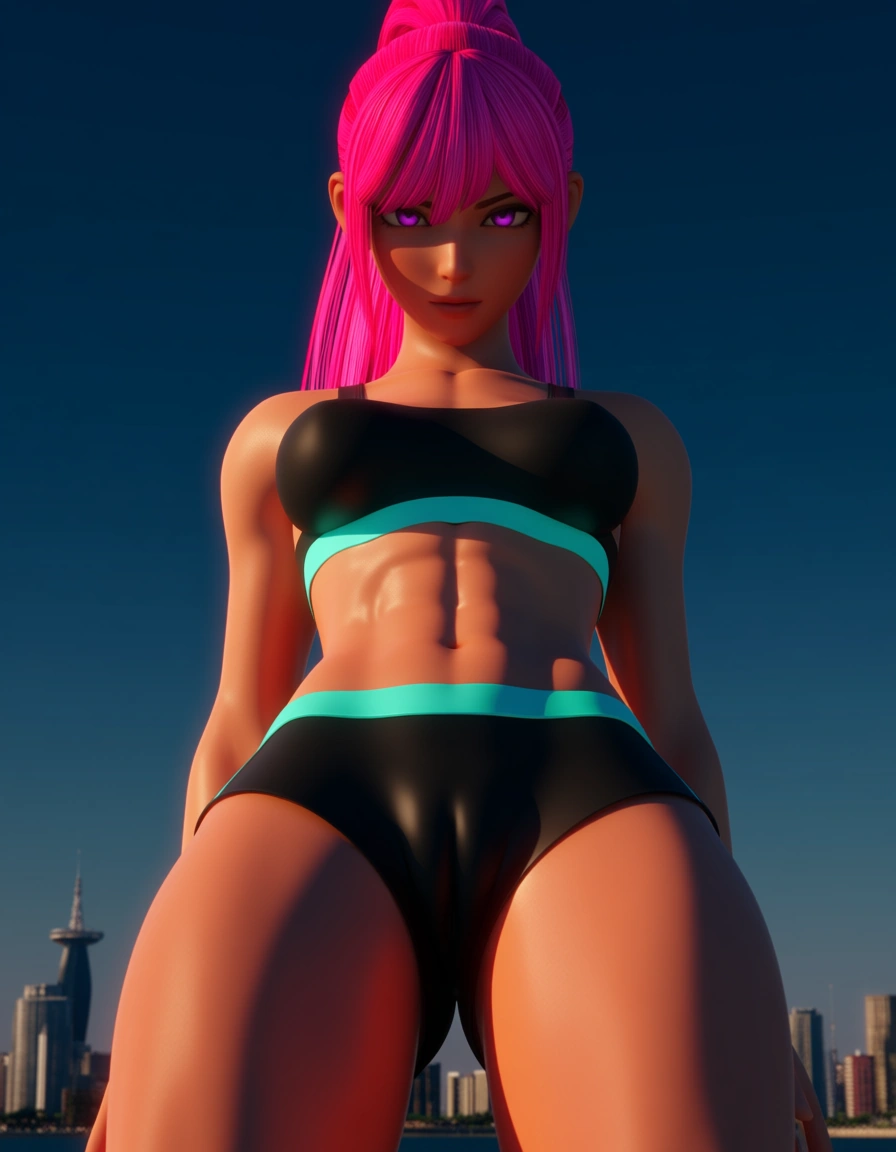 best quality, explicit detail,explicit anime render, black micro_shorts, soft teal sports_bra, rose pink_hair, intense royal purple_eyes, on_one_knee, cameltoe, cleft_of_venus athletic, abs, ponytail, long_hair, straight_hair, public_indecency, cityscape, straight-on, looking_at_viewer, looking_ahead, 1girl, solo_focus, from_below, Masterpiece, sharp_focus, best_lighting, highres, ultra_detailed, dappled_sunlight, golden_hour, small_breasts, tan, score_9, score_8, 3d render, octane render, subsurface scattering, ray tracing, smooth shading