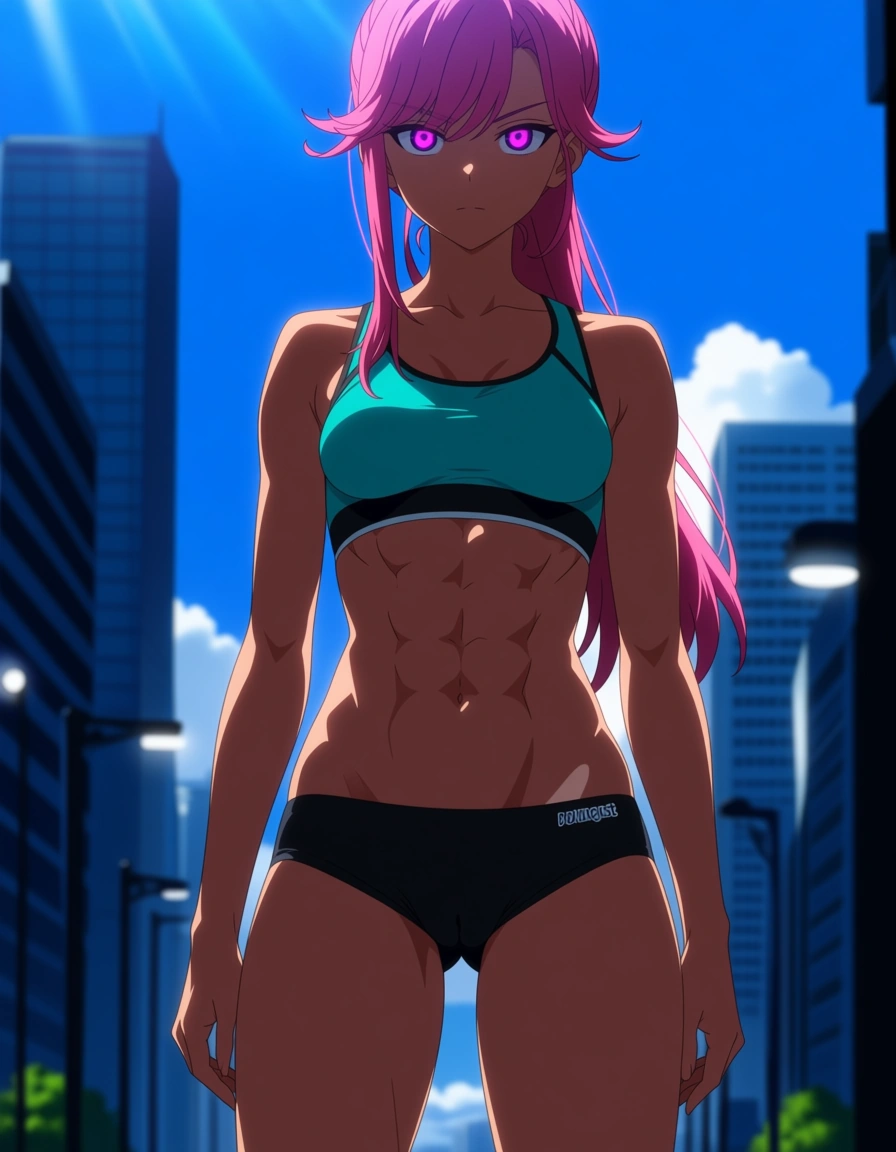 best quality, explicit detail,explicit anime render, black micro_shorts, soft teal sports_bra, rose pink_hair, intense royal purple_eyes, on_one_knee, cameltoe, cleft_of_venus athletic, abs, ponytail, long_hair, straight_hair, public_indecency, cityscape, straight-on, looking_at_viewer, looking_ahead, 1girl, solo_focus, Masterpiece, sharp_focus, best_lighting, highres, ultra_detailed, sunlight, small_breasts, tan, (anime style:1.3), 2d, anime screencap, cel shading, flat color,, (anime style:1.3), 2d, anime screencap, cel shading, flat color