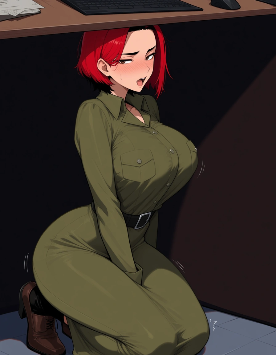 secretary milf .Short red hair with black lowlights on the root . brown_eyes . olive dress un bottoned. kneeling under my desk addicted to sucks cocks, hentai_studio_quality