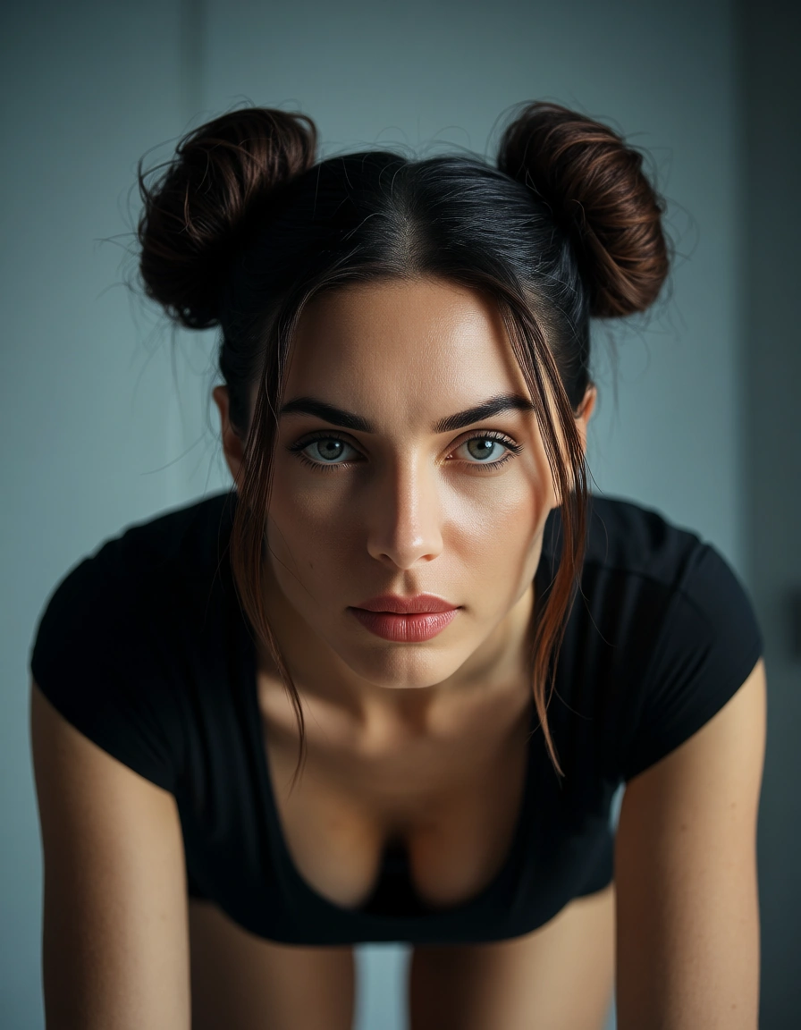 professional photo, high detail, office lady, double bun, short sleeves, doggy style, hyperrealistic, score_9, score_8, candid photo, realistic skin texture, visible skin pores, film grain, depth of field