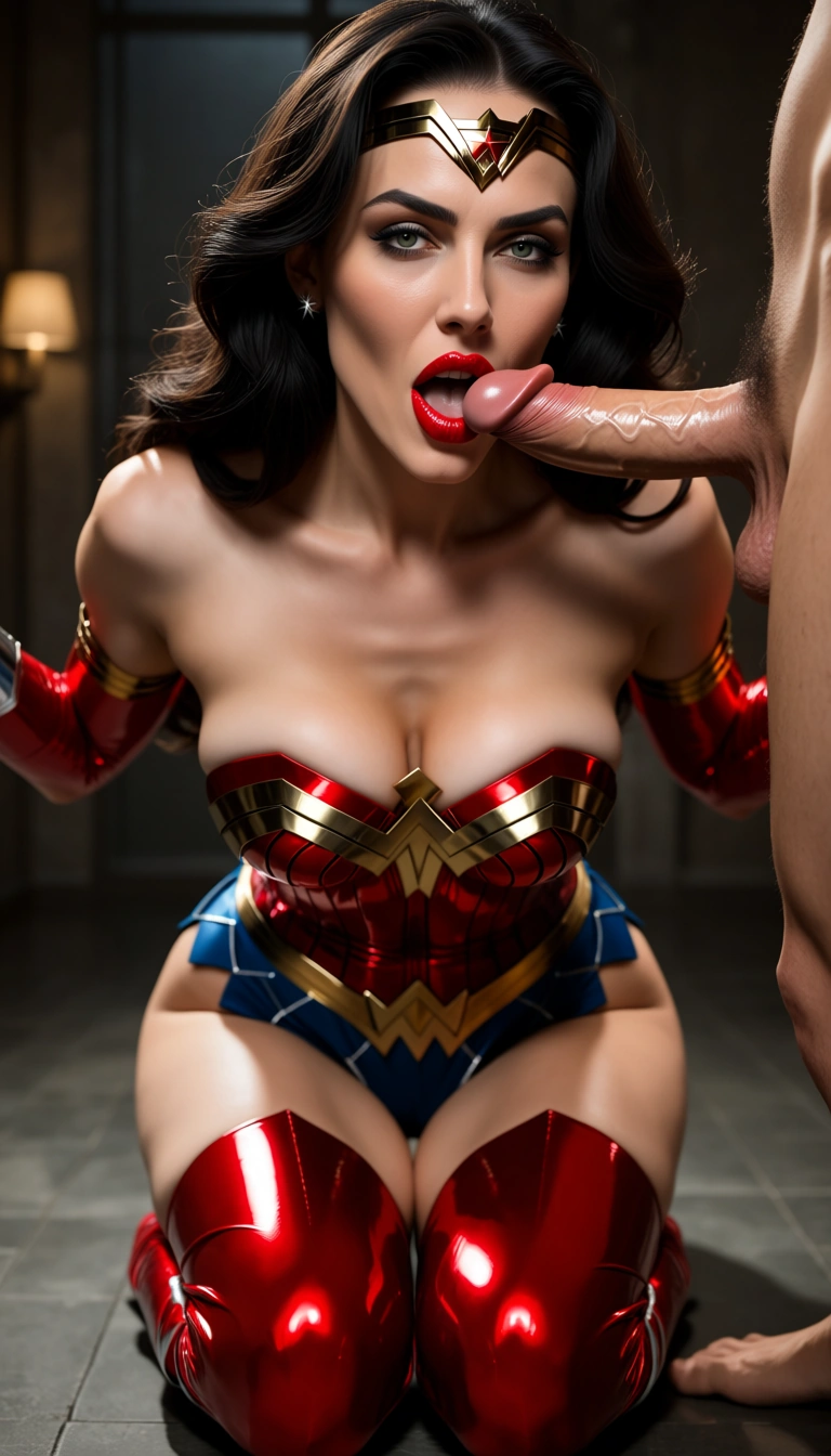 full_body video of wonder woman on her knees with full red lips lowering her head to take an erect penis into her mouth while wearing her shiney latex costume including her stilletto boots