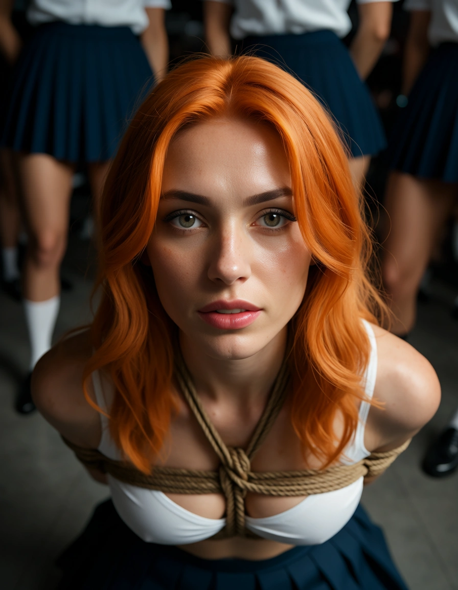 sharp focus, 8k uhd, multiple women, orange hair, pleated skirt, bondage, film photography, score_9, score_8, candid photo, realistic skin texture, visible skin pores, film grain, depth of field