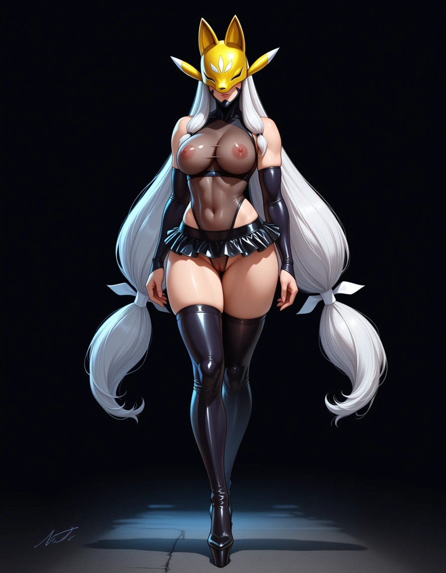 ultra detailed shading, masterpiece, clean art, highly_detailed, best_quality, hentai_studio_quality, realistic, sakuyamon, very_long_hair, white_hair, twintails, shiny_skin, shiny_clothes, alternate_costume, microskirt, cameltoe, high_heels, thighhighs, see-through_shirt, nipples, fit_female, walking, pussy_juice, revealing_clothes, full_body, solo_focus, street, from_side,,, hentai_studio_quality