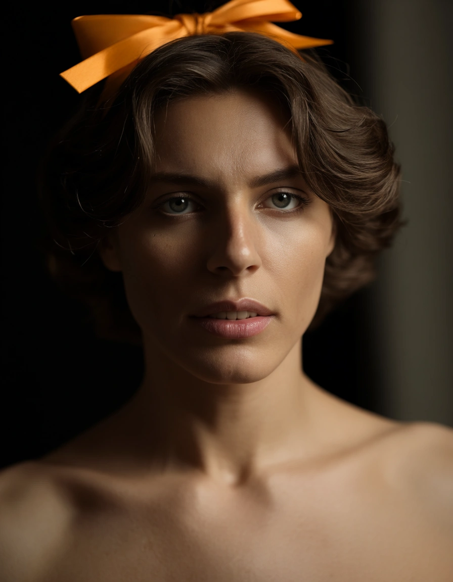 dslr, film grain, photorealistic, 1boy, bow, topless, film photography, score_9, score_8, candid photo, realistic skin texture, visible skin pores, film grain, depth of field