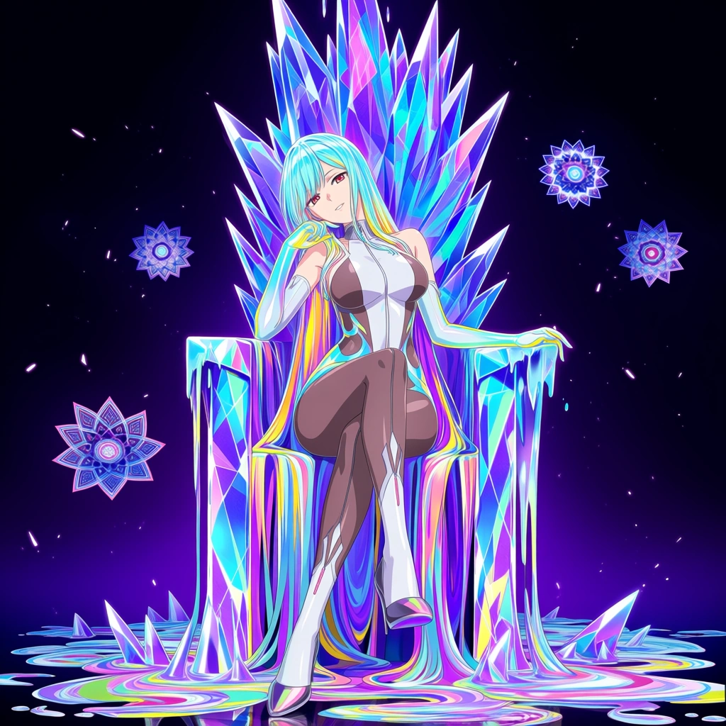 Seductive woman sitting on a glowing crystalline throne made of melting rainbow geometry, legs crossed elegantly, leaning slightly forward with an inviting expression, long hair cascading like liquid neon, outfit consisting of a sleek iridescent bodysuit with strategic sheer panels of light (still covered), surrounding atmosphere filled with floating mandalas and soft particle trails, rich saturated colors, high fashion meets psychedelic fantasy, Instagram aesthetic, (anime style:1.3), 2d, anime screencap, cel shading, flat color, @00osamio00