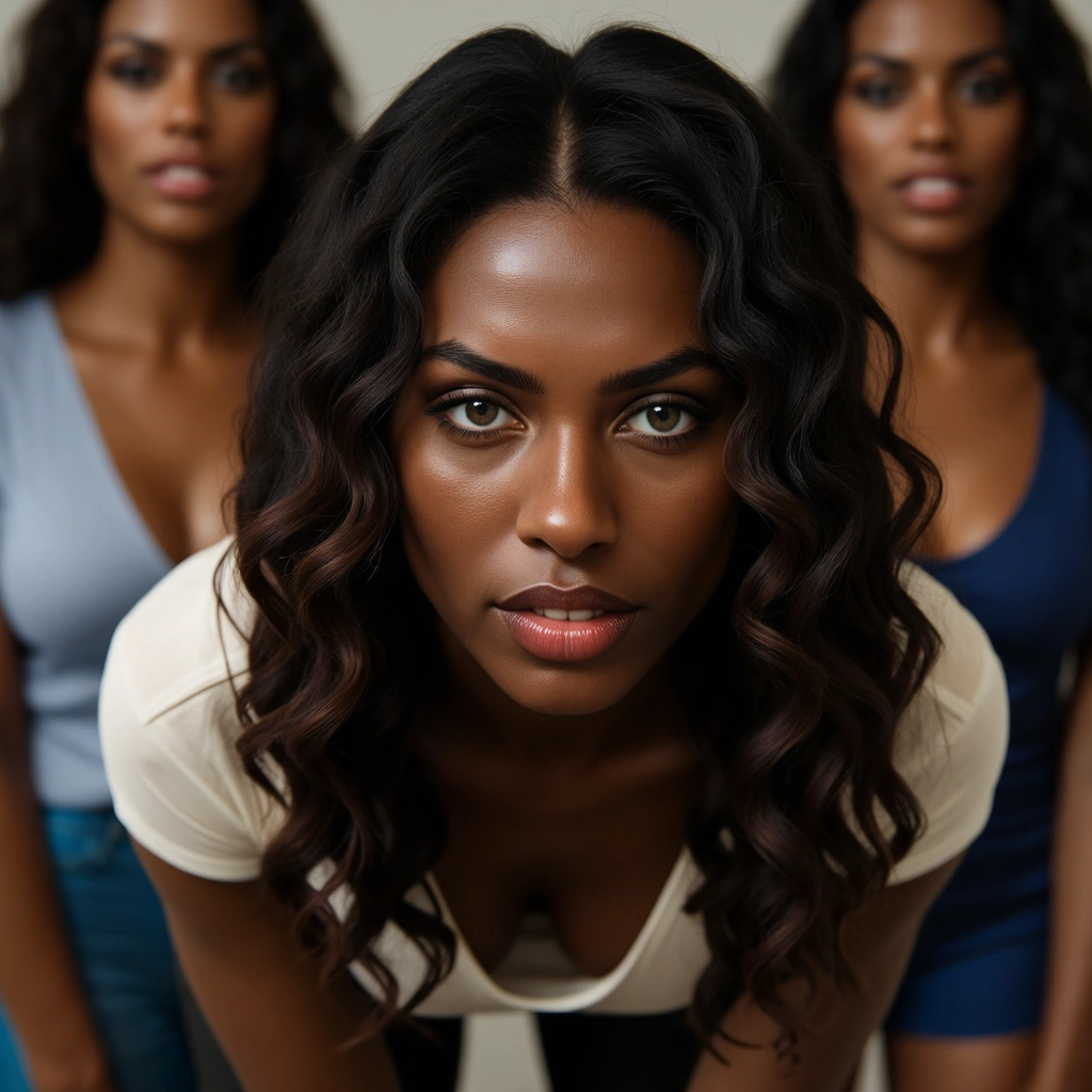 ultra HD, lifelike, 5women, dark skin, shirt, bent over, photorealistic