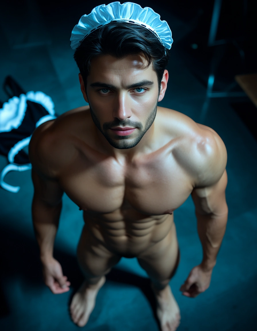 dslr, film grain, photorealistic, maid, muscular male, bikini, fully nude, night, from above, moonlight, 8k uhd photo, score_9, score_8, candid photo, realistic skin texture, visible skin pores, film grain, depth of field