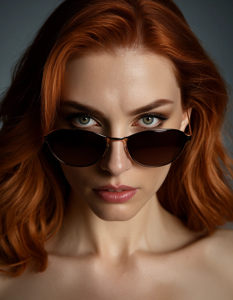 studio quality, sharp focus, extreme close-up, redhead woman, fully nude, sunglasses, dominant stare, 8k uhd photo, score_9, score_8, candid photo, realistic skin texture, visible skin pores, film grain, depth of field