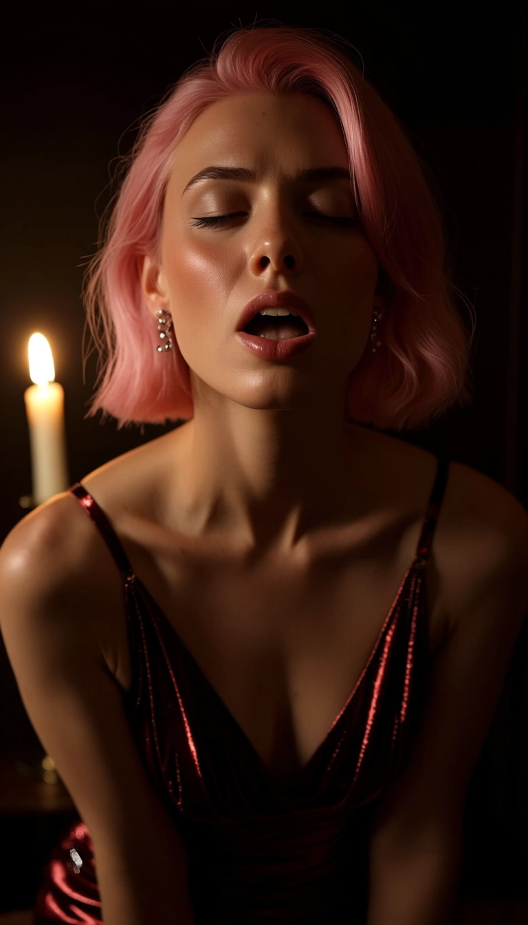 studio quality, sharp focus, 1other, pink hair, cocktail dress, orgasm, candlelight, lifelike render