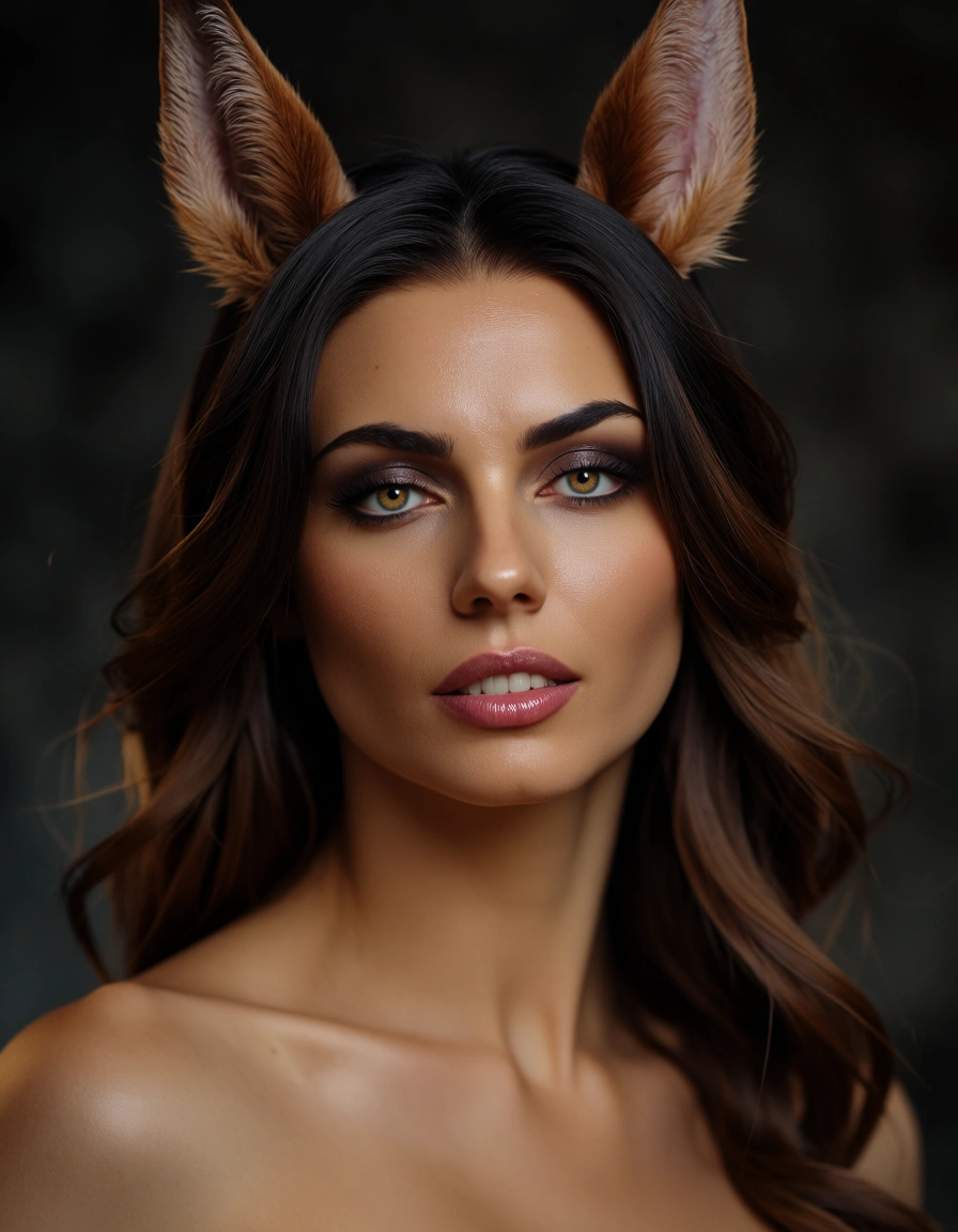 best quality, hyperrealistic, close-up, demon girl, presenting, horse ears, natural skin texture, score_9, score_8, candid photo, realistic skin texture, visible skin pores, film grain, depth of field