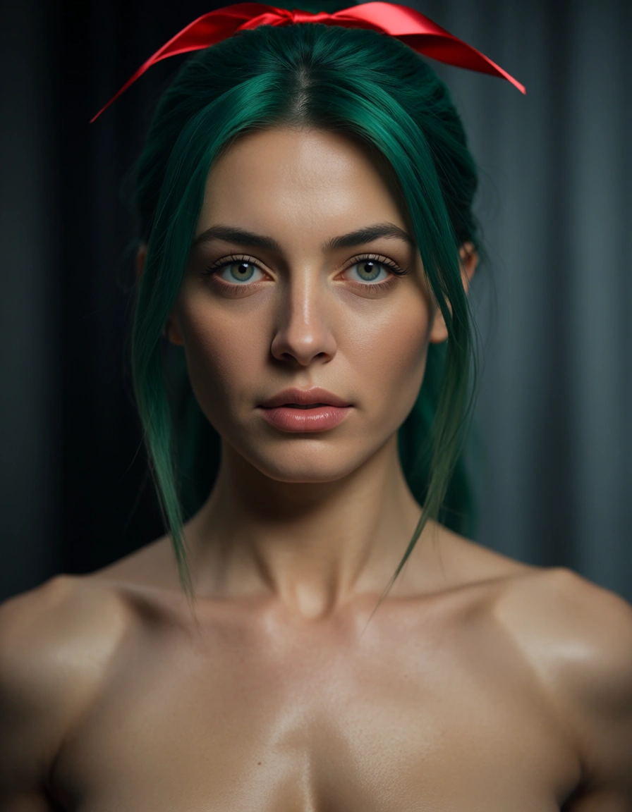 ultra HD, lifelike, fitness model, green hair, ribbon, fully nude, rim light, cinematic realism, score_9, score_8, candid photo, realistic skin texture, visible skin pores, film grain, depth of field