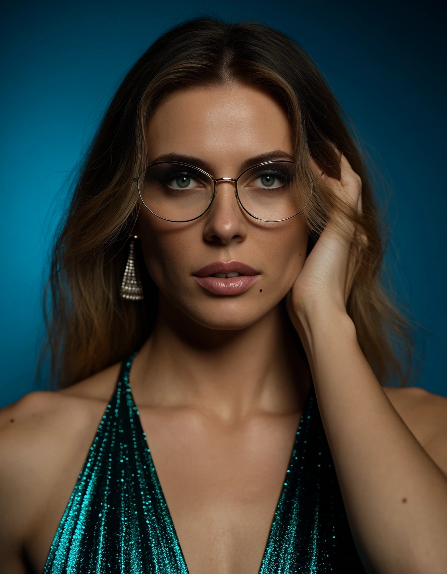 best quality, hyperrealistic, 2boys, mole, cocktail dress, presenting, blue background, rim light, lifelike render, score_9, score_8, candid photo, realistic skin texture, visible skin pores, film grain, depth of field