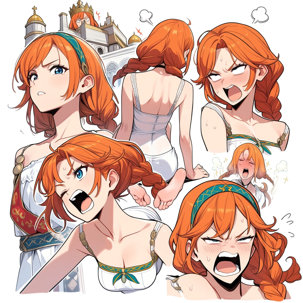detailed_pixiv_artstyle; vibrant_and_colorful, fantasy_ancient_rome_setting, royal_room; 

giant_lactating_human_female_princess, (smug:1.5), overconfident, angry, disapproving_eye_contact, expressive, orange_hair, short_twin_braids, barefoot_and_feetsoles; 

bouncing_breasts, extremely_enthusiastic; silent_comic, multiple_views;