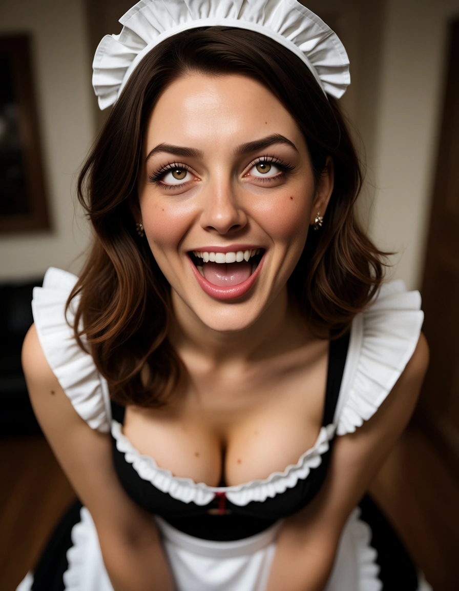 ultra HD, lifelike, cowboy shot, maid, ahegao, mole, playful expression, lifelike render, score_9, score_8, candid photo, realistic skin texture, visible skin pores, film grain, depth of field