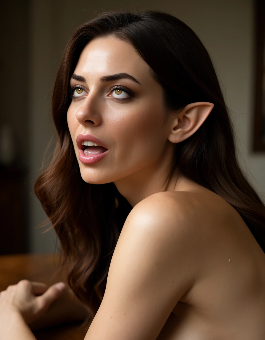 highly detailed, natural lighting, over the shoulder, brunette woman, ahegao, pointy ears, table, film photography 17, score_9, score_8, candid photo, realistic skin texture, visible skin pores, film grain, depth of field