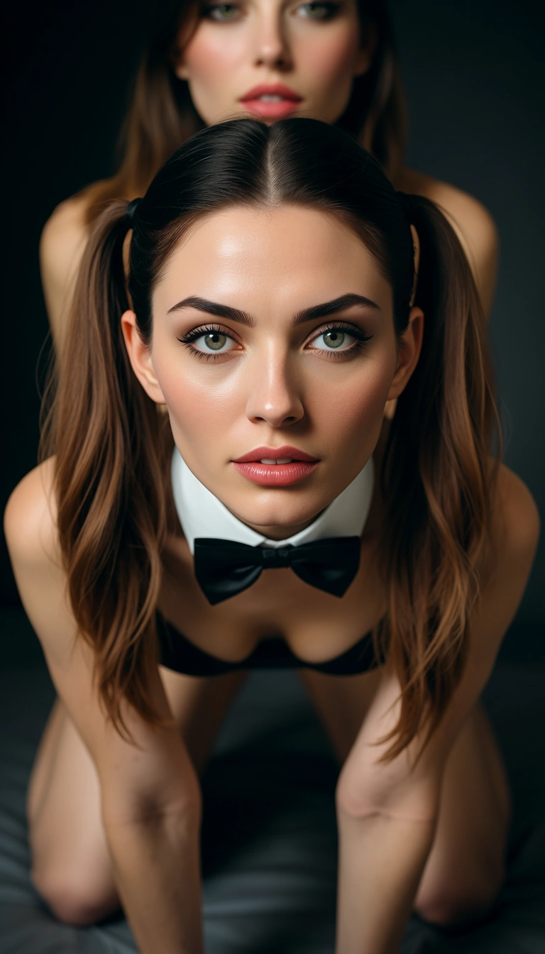 sharp focus, 8k uhd, 2girls, twintails, bowtie, doggy style, studio lighting, RAW photo