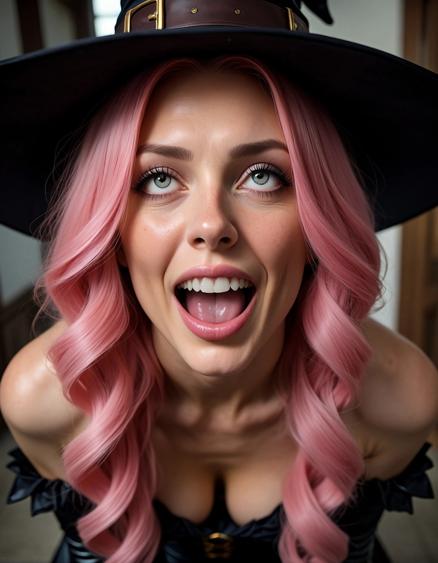 highly detailed, natural lighting, witch, pink hair, boots, ahegao, hyperrealistic, score_9, score_8, candid photo, realistic skin texture, visible skin pores, film grain, depth of field