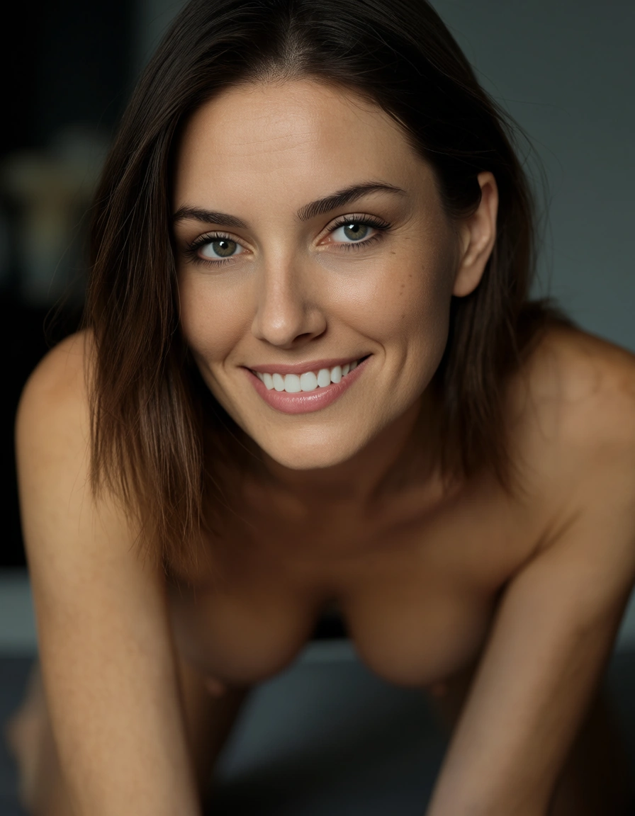 She drops on all four and smile, score_9, score_8, candid photo, realistic skin texture, visible skin pores, film grain, depth of field