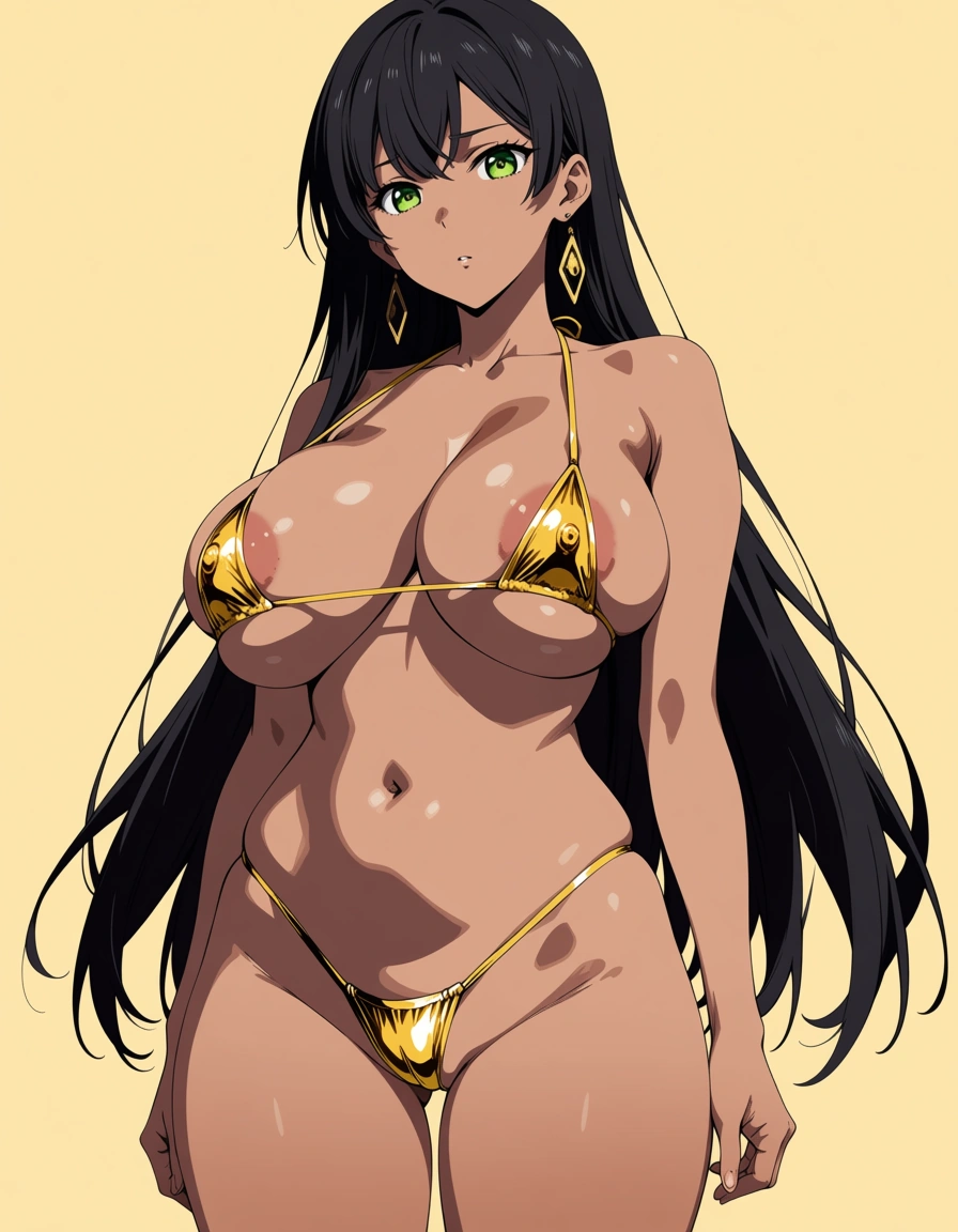 hentai_studio_quality, hentai_studio_quality, hentai_studio_quality, hentai_studio_quality, (anime style:1.3), 2d, anime screencap, cel shading, flat color, @00osamio00, dark-skinned_female green_eyes siren_eyes pink_lips long_black_hair side_bangs gold_jewelries huge_breasts small_waist massive_huge_ass large_areolae really_wide_hips thick_thighs covered_nipples puffy_nipples fat_pink_pussy pussy_juice full_body micro_bikini string_bikini golden_bikini full_body front_view standing_straight_foward no_panties vaginal_object_insertion