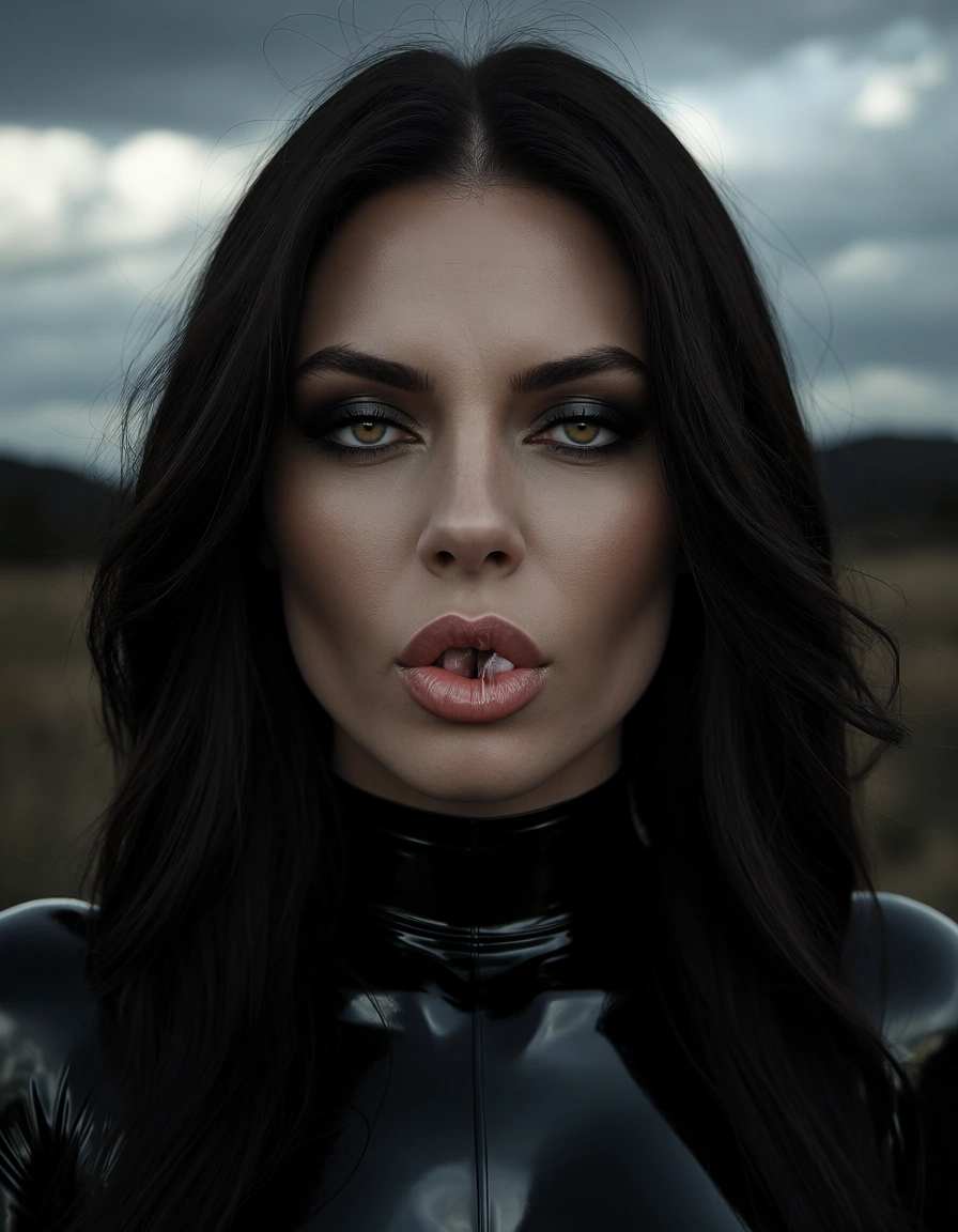 RAW photo, ultra realistic, portrait, demon girl, blowjob, lips, cloudy sky, mysterious vibe, lifelike render, latex, score_9, score_8, candid photo, realistic skin texture, visible skin pores, film grain, depth of field