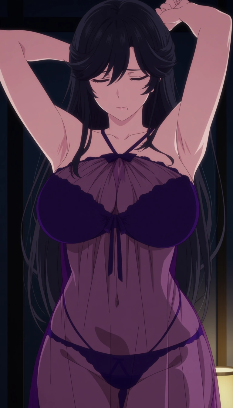 masterpiece, best quality, 1girl, presenting, mature_female, arms_up, mole_under_mouth, (anime style:1.3), 2d, anime screencap, cel shading, black_hair, lingerie, see-through_clothes, long_hair, hentai_studio_quality, armpit_crease, large_breasts, cum_on_breasts hentai_studio_quality, (anime style:1.3), 2d, anime screencap, cel shading, flat color, @00osamio00
