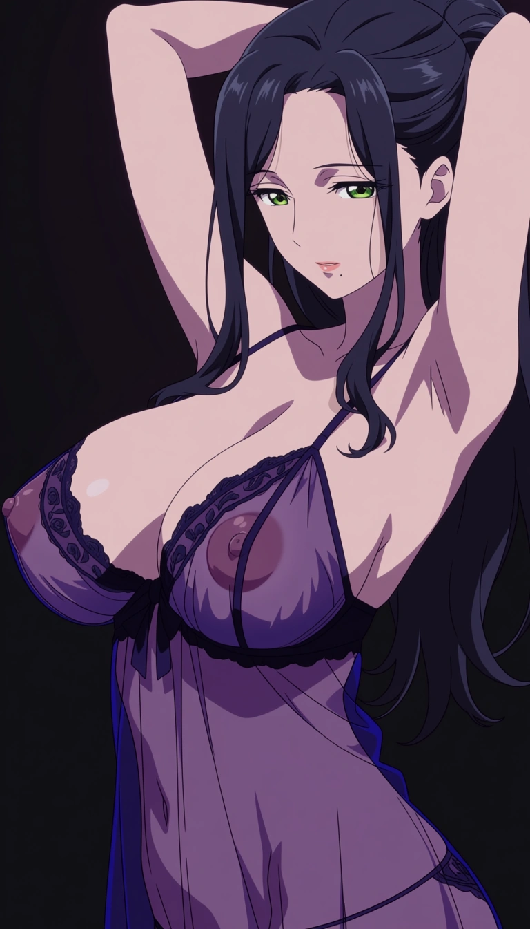 masterpiece, best quality, 1girl, presenting, mature_female, arms_up, mole_under_mouth, (anime style:1.3), 2d, anime screencap, cel shading, black_hair, lingerie, see-through_clothes, long_hair, hentai_studio_quality, armpit_crease, large_breasts, puffy_nipples hentai_studio_quality, @nico_robin, (anime style:1.3), 2d, anime screencap, cel shading, flat color, @00osamio00