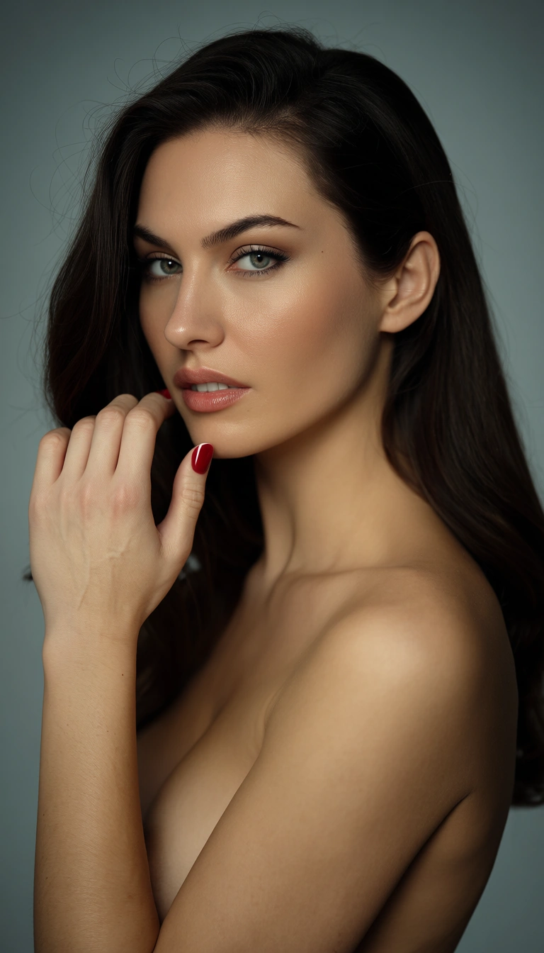 studio quality, sharp focus, three-quarter view, office lady, topless, nail polish, simple background, studio photo