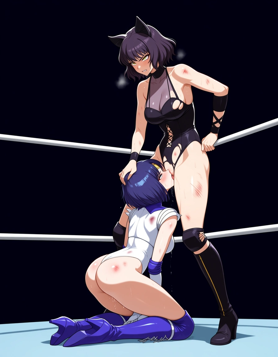 @blake_belladonna bending_forward evil_smile , @sailor_saturn_short_hair ahegao , 2girls yuri sex , wrestling_ring, wrestling orgasm pussy_juice, defeated, squirting , bruised, sweat nude grabbing_another's_head standing oral cunnilingus, on_floor kneeling torn_clothes,  from_side skindentation, scratches, hentai_studio_quality