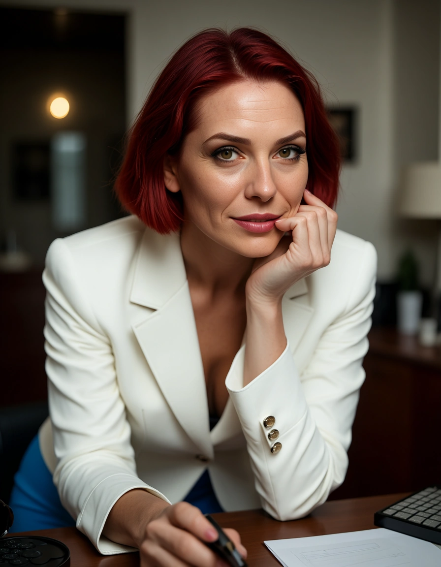 45 years old secretary, short red hair and dark roots. Brow eyes. . Makeup . White jacket blu skirt with pois taking cunshots on her desk score_9, score_8, candid photo, realistic skin texture, visible skin pores, film grain, depth of field, score_9, score_8, candid photo, realistic skin texture, visible skin pores, film grain, depth of field, score_9, score_8, candid photo, realistic skin texture, visible skin pores, film grain, depth of field, score_9, score_8, amateur photo, phone snapshot, realistic skin texture, skin blemishes, soft indoor lighting, score_9, score_8, amateur photo, phone snapshot, realistic skin texture, skin blemishes, soft indoor lighting, score_9, score_8, candid photo, realistic skin texture, visible skin pores, film grain, depth of field, score_9, score_8, candid photo, realistic skin texture, visible skin pores, film grain, depth of field, score_9, score_8, candid photo, realistic skin texture, visible skin pores, film grain, depth of field
