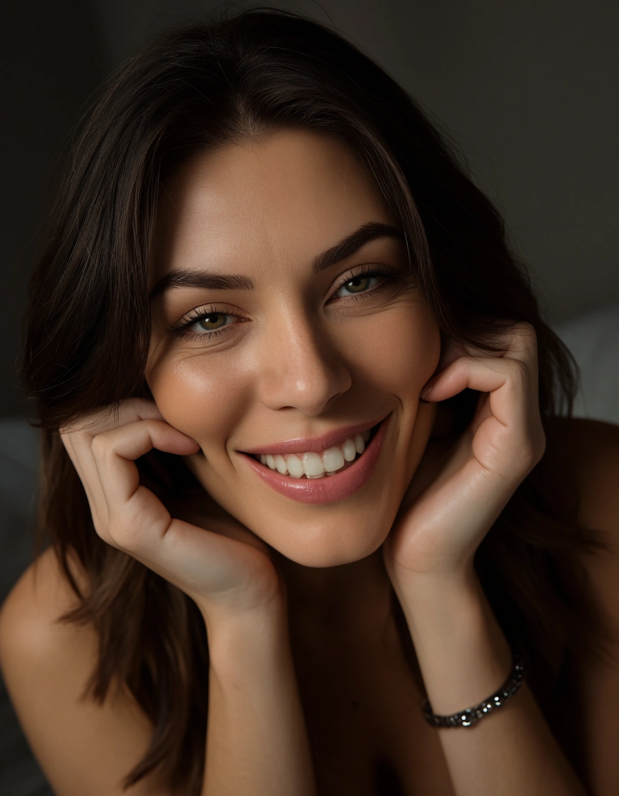 sharp focus, 8k uhd, dutch angle, solo, blowjob, hands up, teasing grin, 8k uhd photo, score_9, score_8, candid photo, realistic skin texture, visible skin pores, film grain, depth of field