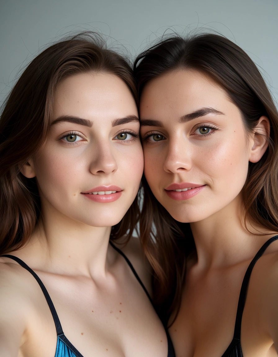 score_9, score_8, @2025, @candid photo, (amateur photography:1.2), (realistic skin texture:1.4), visible skin pores, skin blemishes, goosebumps, natural skin, soft natural lighting, (depth of field), film grain, 8k, sharp focus, detailed skin, couple, bare shoulders, swimsuit, selfie pose, fully nude, grey background, close-up, film photography