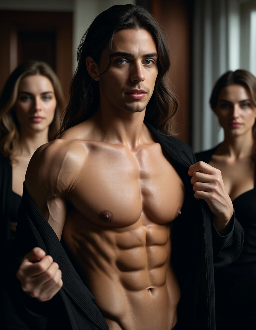 studio quality, sharp focus, 4women, muscular male, long sleeves, presenting, over the shoulder, cinematic realism, score_9, score_8, candid photo, realistic skin texture, visible skin pores, film grain, depth of field