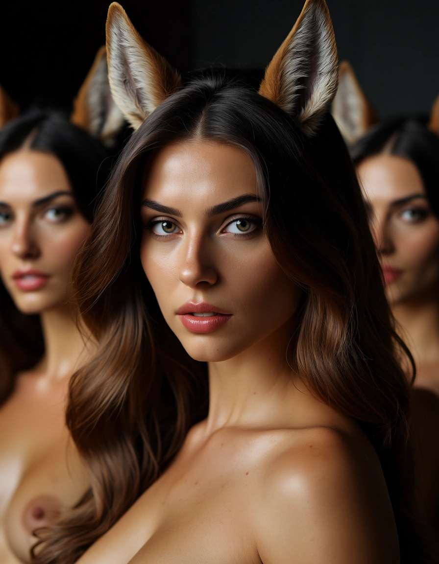 8k, sharp focus, detailed skin, multiple women, topless, horse ears, hyperrealistic, score_9, score_8, candid photo, realistic skin texture, visible skin pores, film grain, depth of field, score_9, score_8, candid photo, realistic skin texture, visible skin pores, film grain, depth of field
