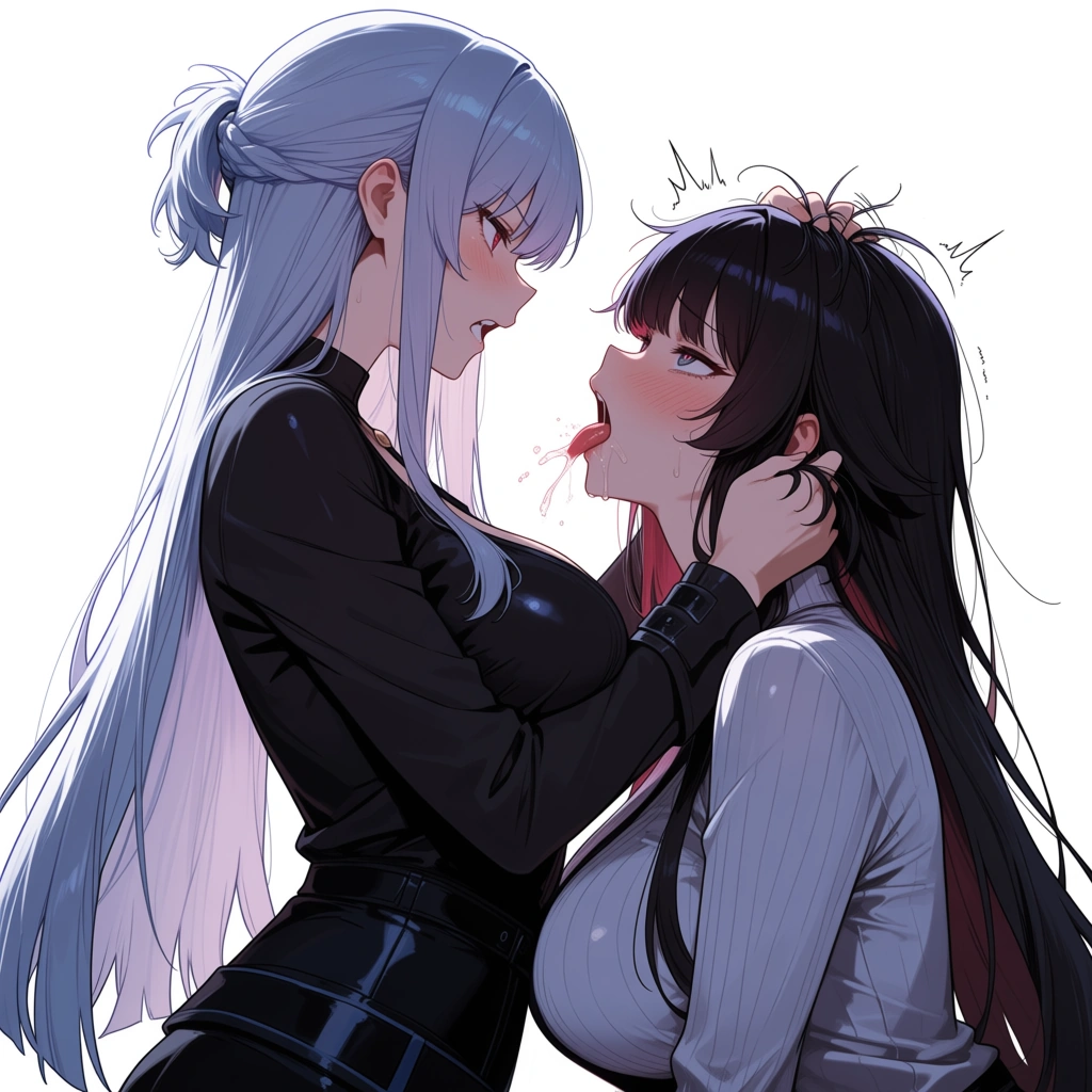 masterpiece, best quality, soft cel shading,  school_uniform, eye contact,(deepthroat_blowjob:1.5), fellatio , head bobbing, expressive, (lactation:0.8),  saliva splatter, (multiple_views:1.2), gagging, slurping tongue movement, grabbing_another's_hair, (face_fucking:1.8), (crossed_eyed_teary-eyed:1.5), (surprised:1.6), (angry:1.6), hentai studio quality, large breasts