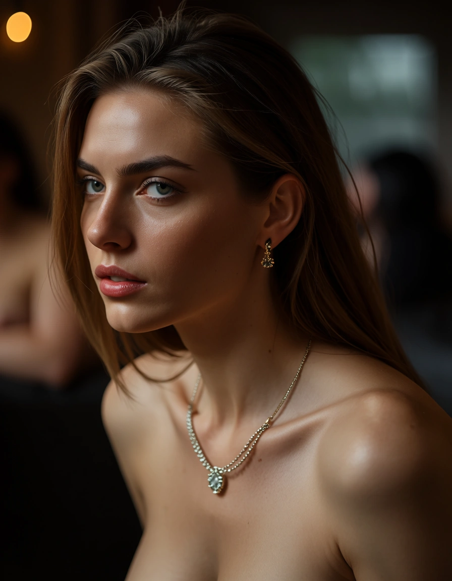 best quality, hyperrealistic, solo focus, ahoge, jewelry, fully nude, golden hour, natural skin texture, score_9, score_8, candid photo, realistic skin texture, visible skin pores, film grain, depth of field