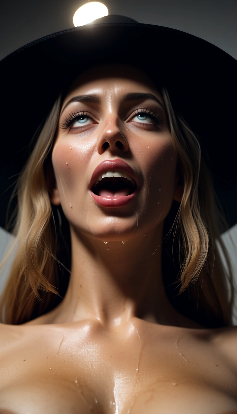 studio quality, sharp focus, solo female, hourglass figure, hat, sweat, ahegao, from below, spotlight, cinematic realism