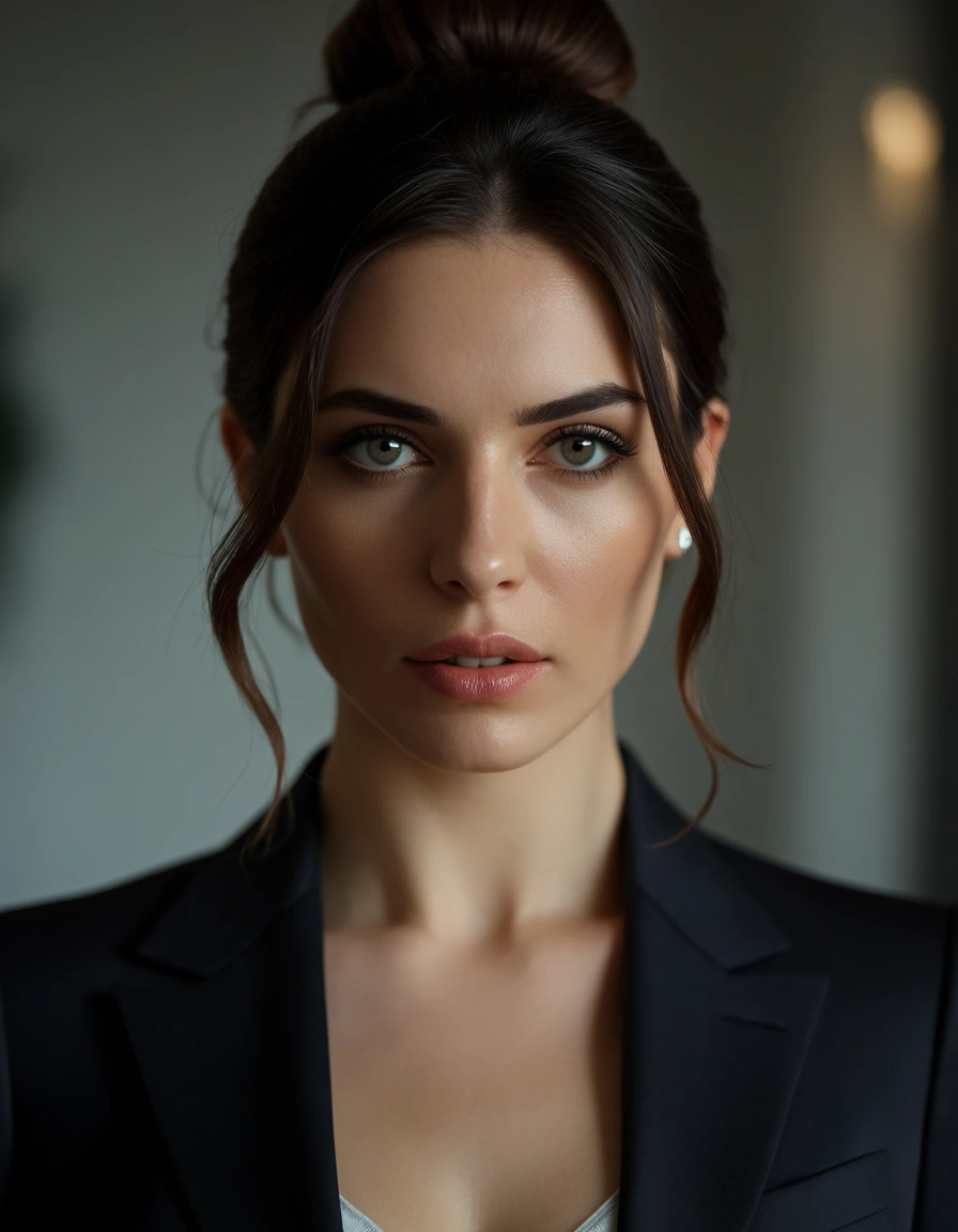 cinematic photo, 8k, brunette woman, hair bun, office wear, presenting, cinematic realism, score_9, score_8, candid photo, realistic skin texture, visible skin pores, film grain, depth of field