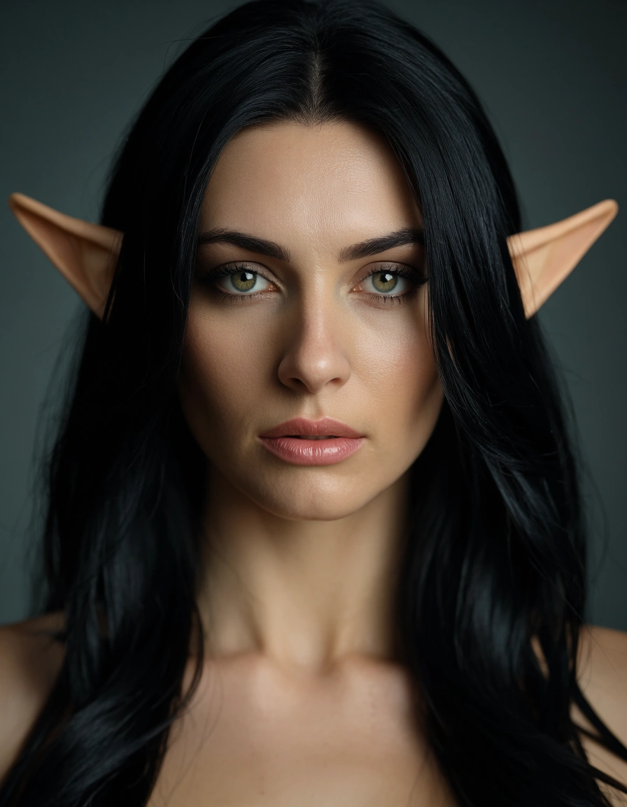 professional photo, high detail, elf woman, black hair, official alternate costume, presenting, 8k uhd photo, score_9, score_8, candid photo, realistic skin texture, visible skin pores, film grain, depth of field