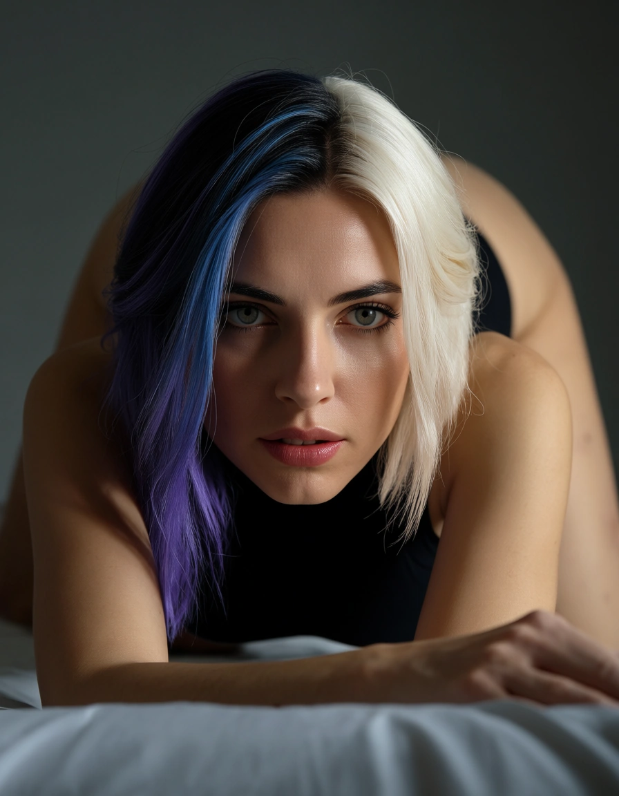 best quality, hyperrealistic, solo, two-tone hair, sleeveless, 69 position, dslr quality, score_9, score_8, candid photo, realistic skin texture, visible skin pores, film grain, depth of field