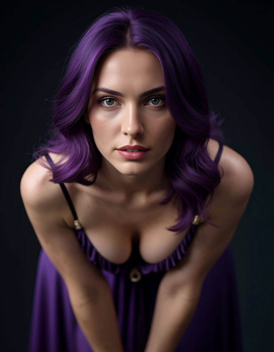 professional photo, high detail, witch, purple hair, dress, bent over, backlit, cinematic realism, score_9, score_8, candid photo, realistic skin texture, visible skin pores, film grain, depth of field