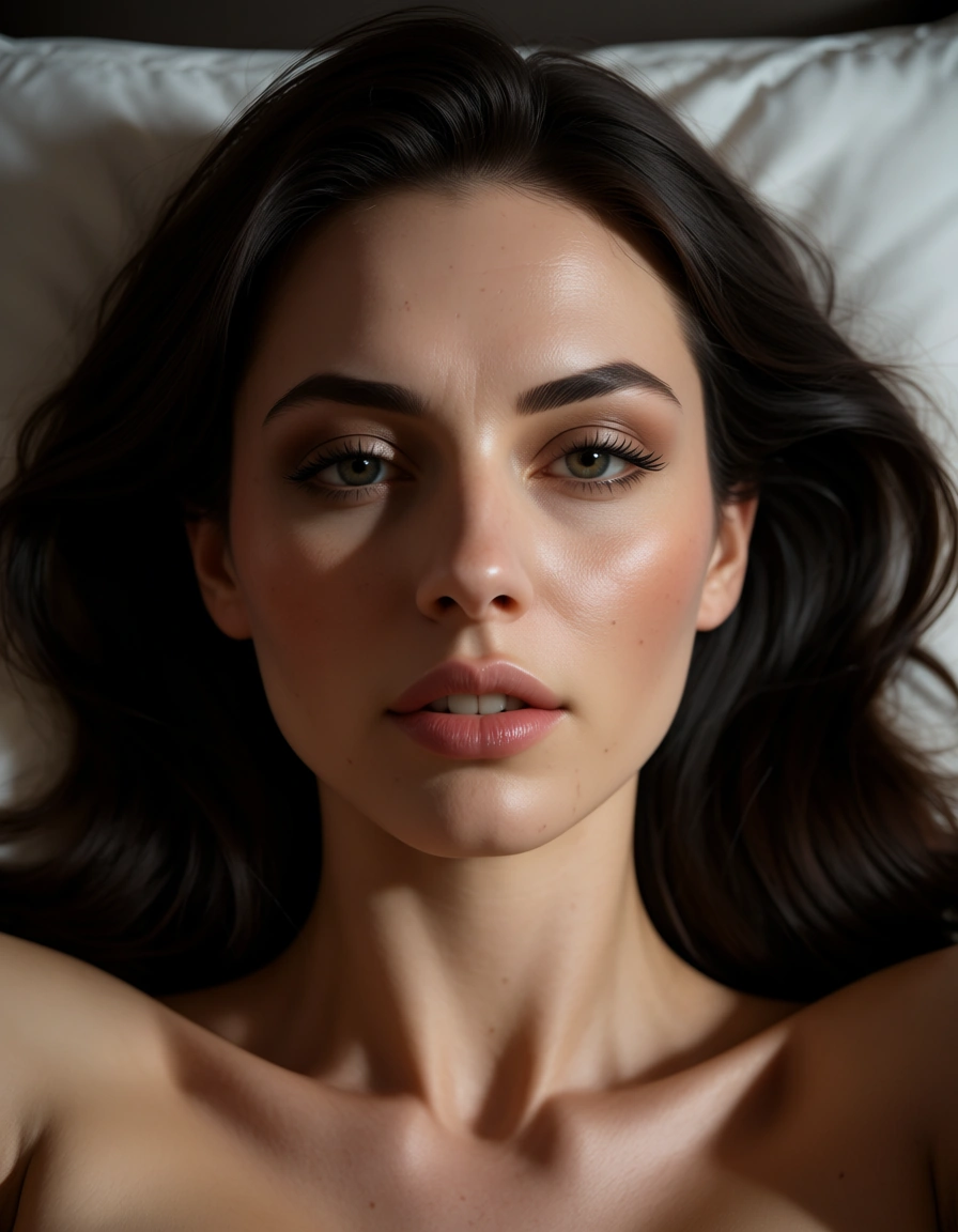 professional photo, high detail, office lady, bare shoulders, bow, missionary, portrait, volumetric light, 8k uhd photo, score_9, score_8, amateur photo, phone snapshot, realistic skin texture, skin blemishes, soft indoor lighting