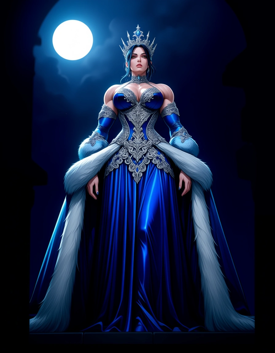 female character dressed in an elaborate blue and silver gown, wearing a crown, and standing in a dramatic moonlit scene. indian_style bdsm muscular, hentai_studio_quality
