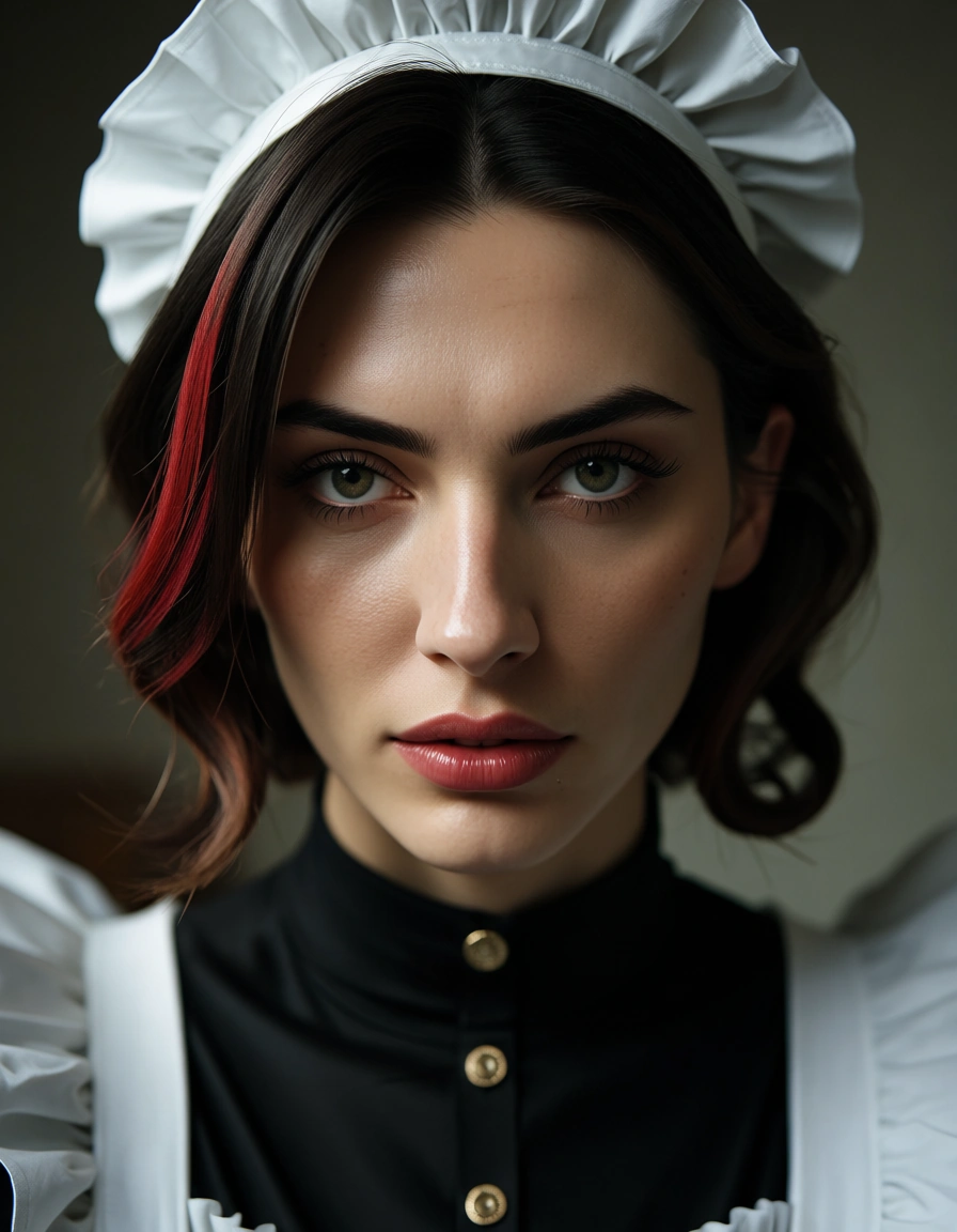 studio quality, sharp focus, maid, streaked hair, puffy sleeves, facesitting, natural skin texture, score_9, score_8, candid photo, realistic skin texture, visible skin pores, film grain, depth of field