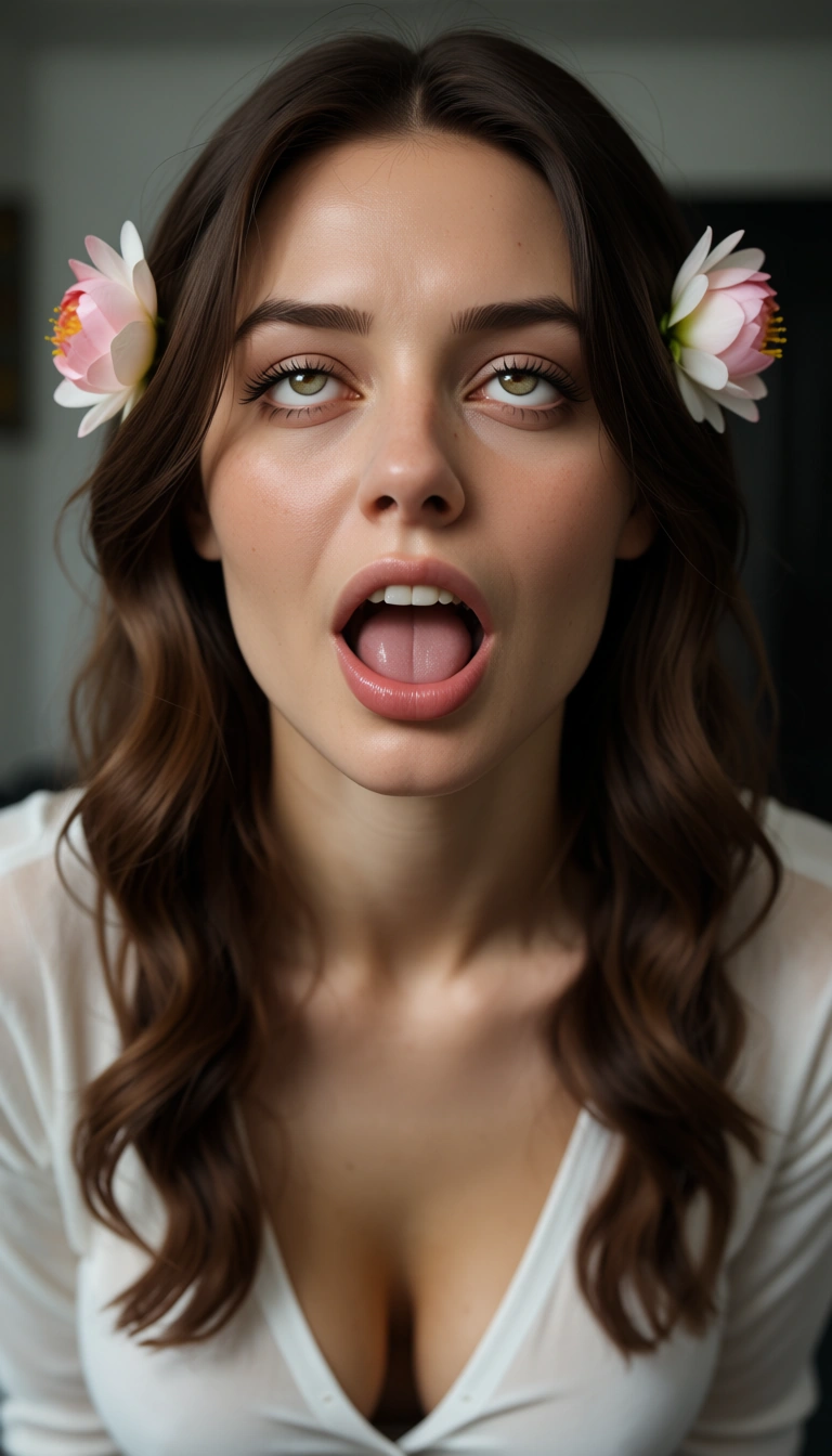 sharp focus, 8k uhd, milf, hair flower, white shirt, ahegao, RAW photo