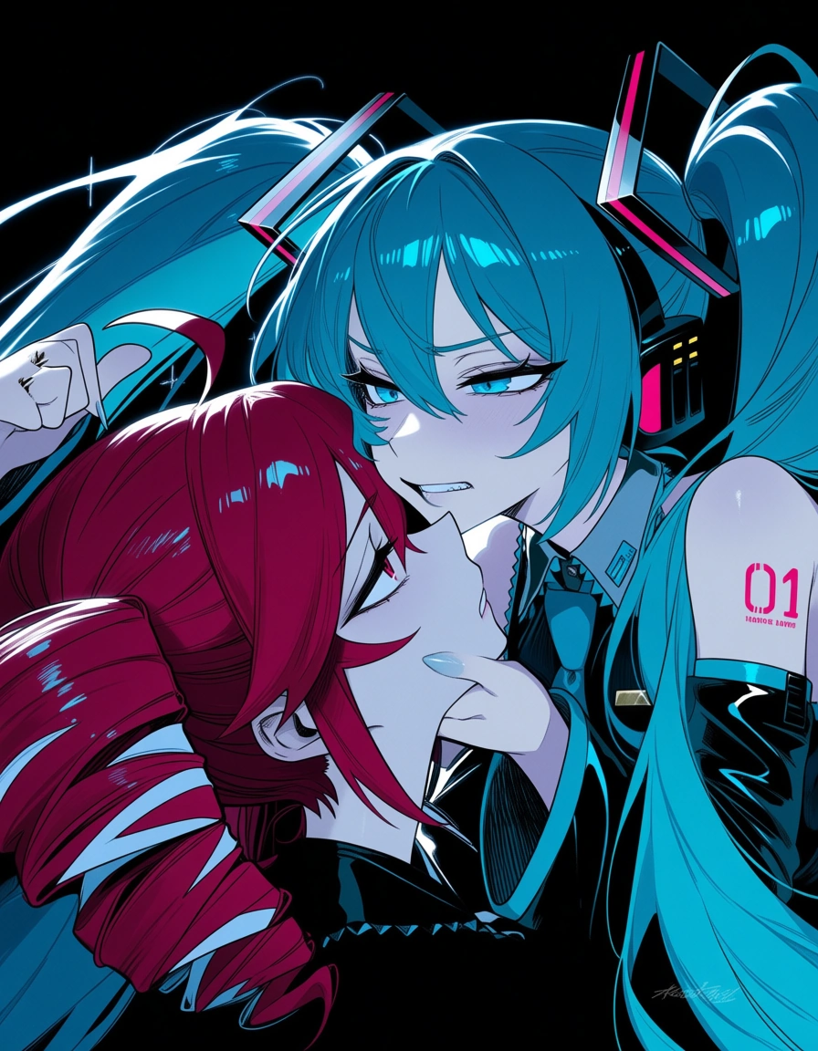 highly detailed, sharp, 2girls, hatsune Miku, yuri , Kasane Teto, anime style manga panel style, scissoring, hentai_studio_quality