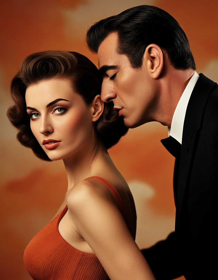 smooth airbrushed gouache paint, warm saturated mid-century colour, clean confident outlines and glamorous stylised features, in the look of a 1950s pin-up poster. The background is painted in the same style. Nothing in the frame keeps its photographic appearance. Above all, the picture must show: he is leaning down. he is giving her a kiss on the ear. she is looking at the viewer., score_9, score_8, candid photo, realistic skin texture, visible skin pores, film grain, depth of field