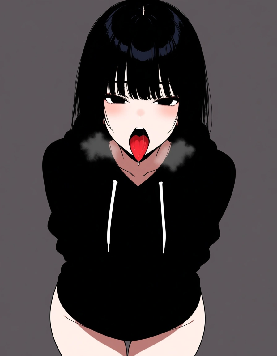 1girl black_hair black eyes Straight hair black_hoodie huge_breasts The thighs, no drooling Without pants, hentai_studio_quality Long sleeves Red face hot Open the mouth and vigourously remove the tongue Hot breath, mouth_hold hentai_studio_quality, hentai_studio_quality