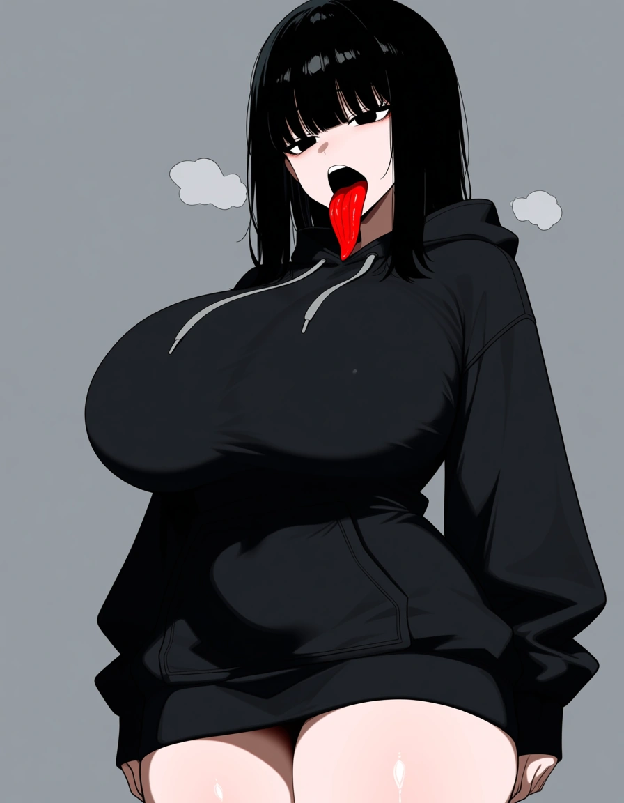 1girl black_hair black eyes Straight hair black_hoodie huge_breasts The thighs, no drooling Without pants, hentai_studio_quality Long sleeves Red face hot vigourously remove the tongue Hot breath, hentai_studio_quality, hentai_studio_quality
