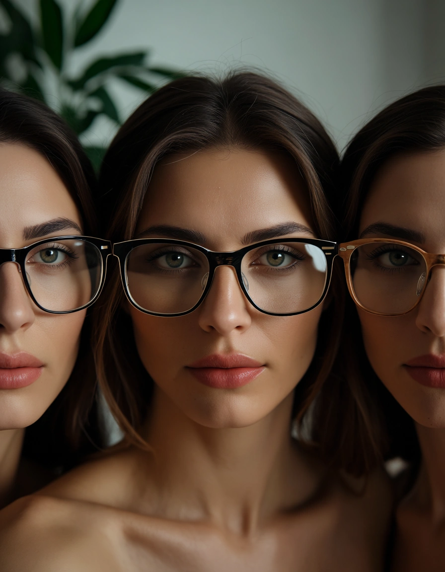 cinematic photo, 8k, 3women, creampie, glasses, plant, photorealistic, score_9, score_8, candid photo, realistic skin texture, visible skin pores, film grain, depth of field